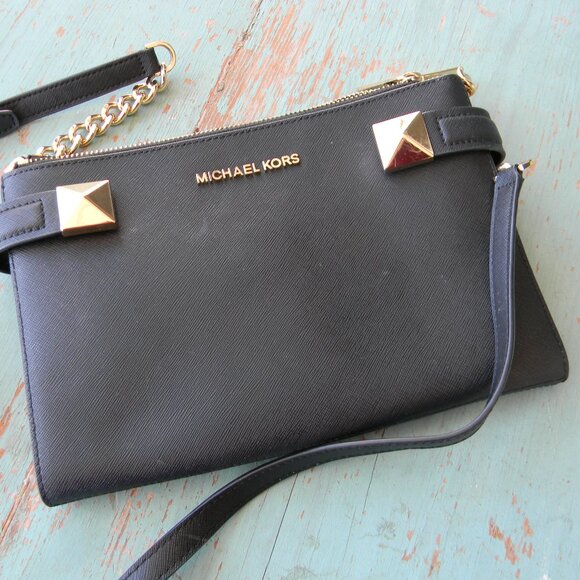 Michael Kors Karla Crossbody Medium Wallet Bag Double Zip Black Leather - Picture 1 of 9